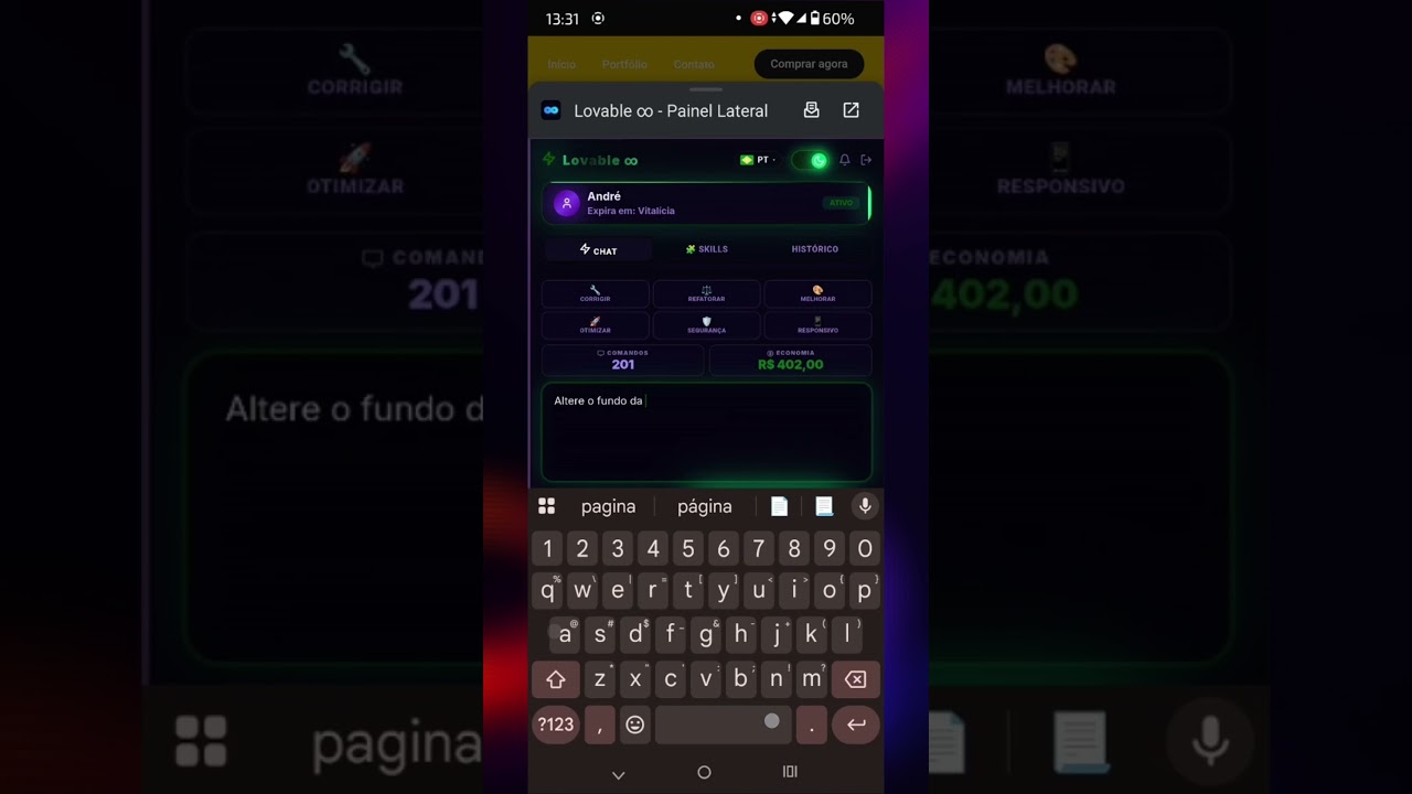 Prévia da LovInfinity funcionando no celular via Quetta Browser